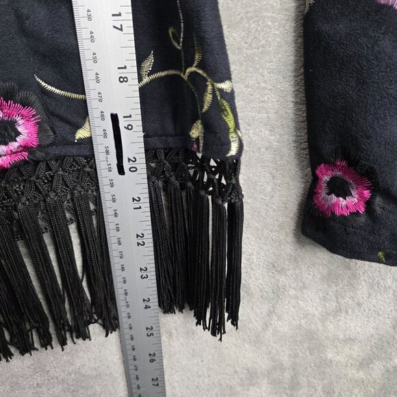 Womens Ranch Dressing Black Floral Embroidered Jacket Fringe Hem Polyester S - Picture 9 of 10
